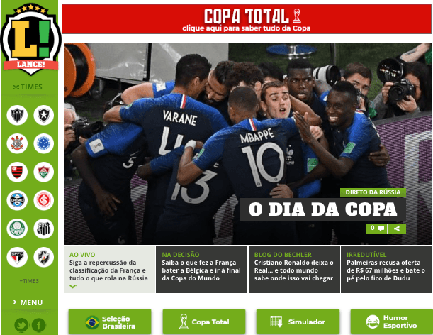 El diario deportivo de Brasil, 
<i>Lance!</i>, destaca el triunfo de Les Bleus sobre Bélgica en semifinales.