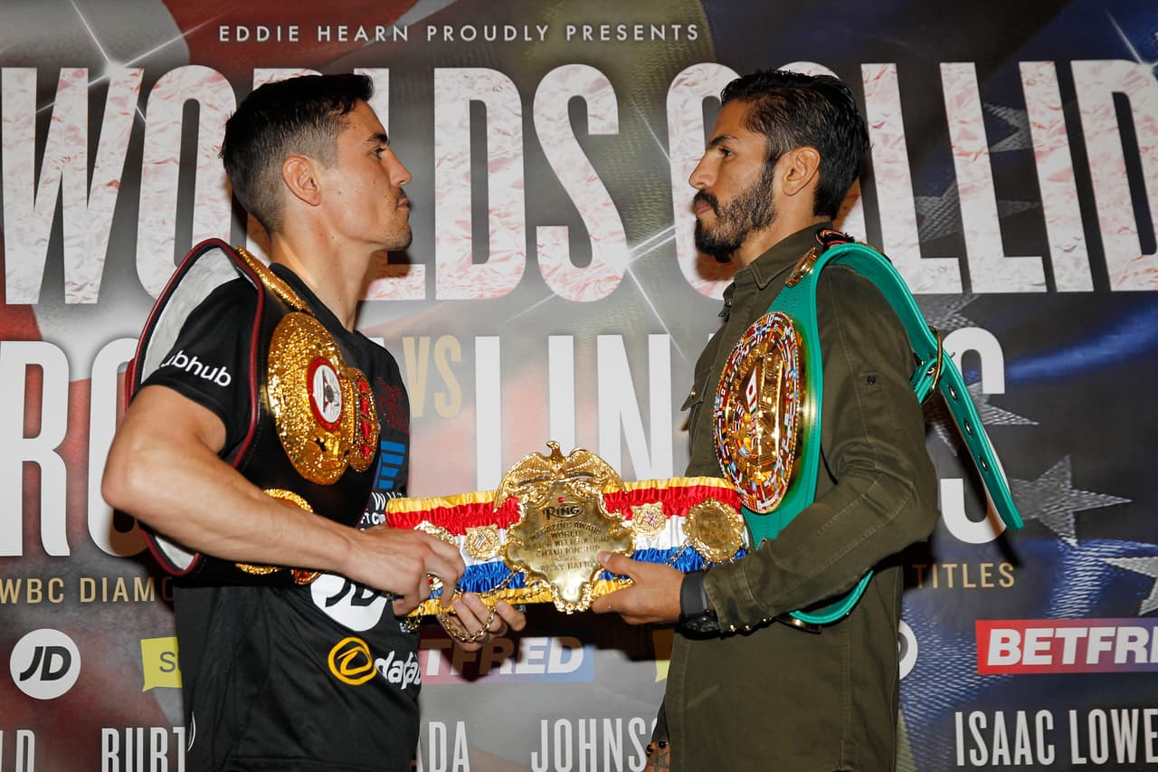 TWO WORLDS COLLIDE PRESS CONFERENCE PALACE HOTEL,MANCHESTER PIC;LAWRENCE LUSTIG WBA,WBC AND RING MAGAZINE LIGHTWEIGHT TITLES WBA CHAMPION ANTHONY CROLLA AND WBC CHAMPION JORGE LINARES COME FACE TO FACE BEFORE THEIR UNIFICATION BOUT AT THE MANCHESTER ARENA ON SATURDAY(24TH SEPT)