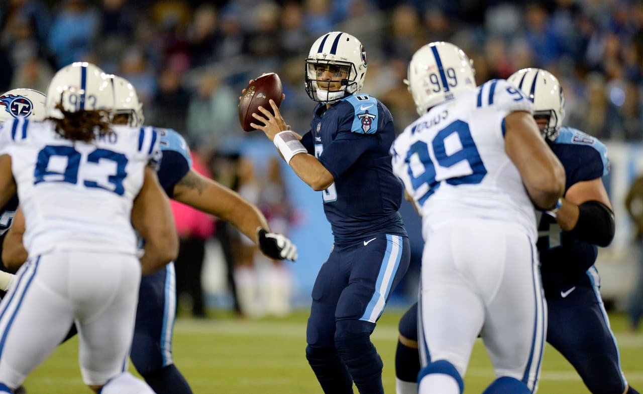 Tennessee Titans quarterback Marcus Mariota (8) passes against the Indianapolis Colts in the first half of an NFL football game Monday, Oct. 16, 2017, in Nashville, Tenn. (AP Photo/Mark Zaleski)