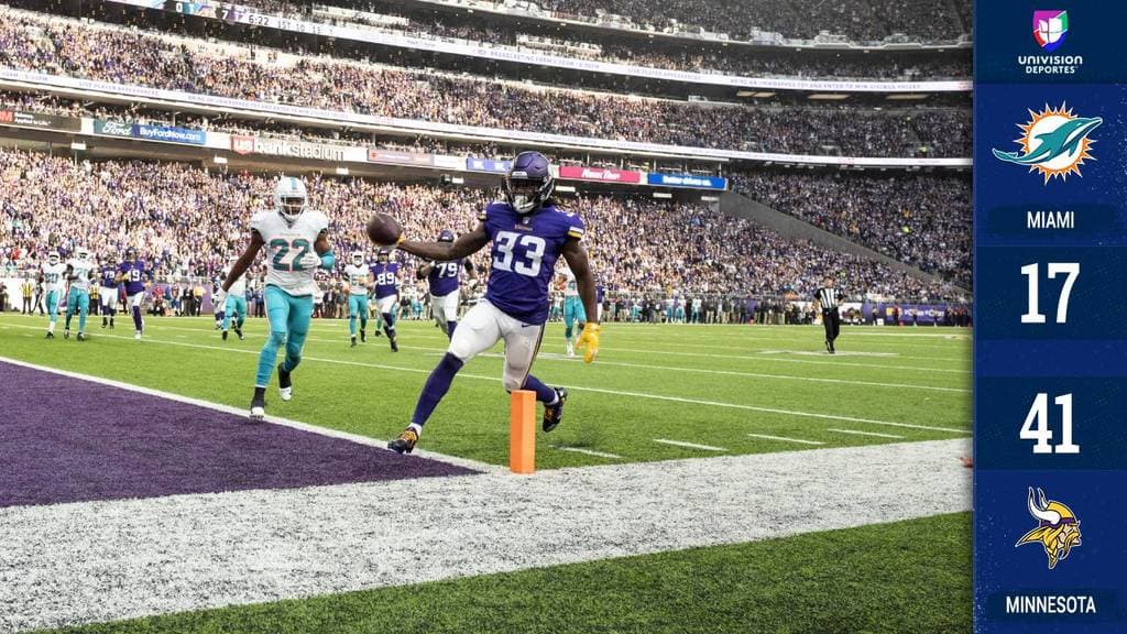 <b>Miami 17-41 Minnesota</b>. Dalvin Cook (33) tuvo la mejor actuación de su carrera con 136 yardas y dos anotaciones para guiar a los Vikings (7-6-1) a una urgente victoria sobre los Dolphins (7-7).