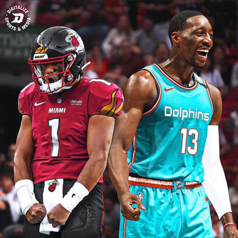 Tua Tagovailoa #1 por Miami Heat y Bam Adebayo #13 por Miami Dolphins.