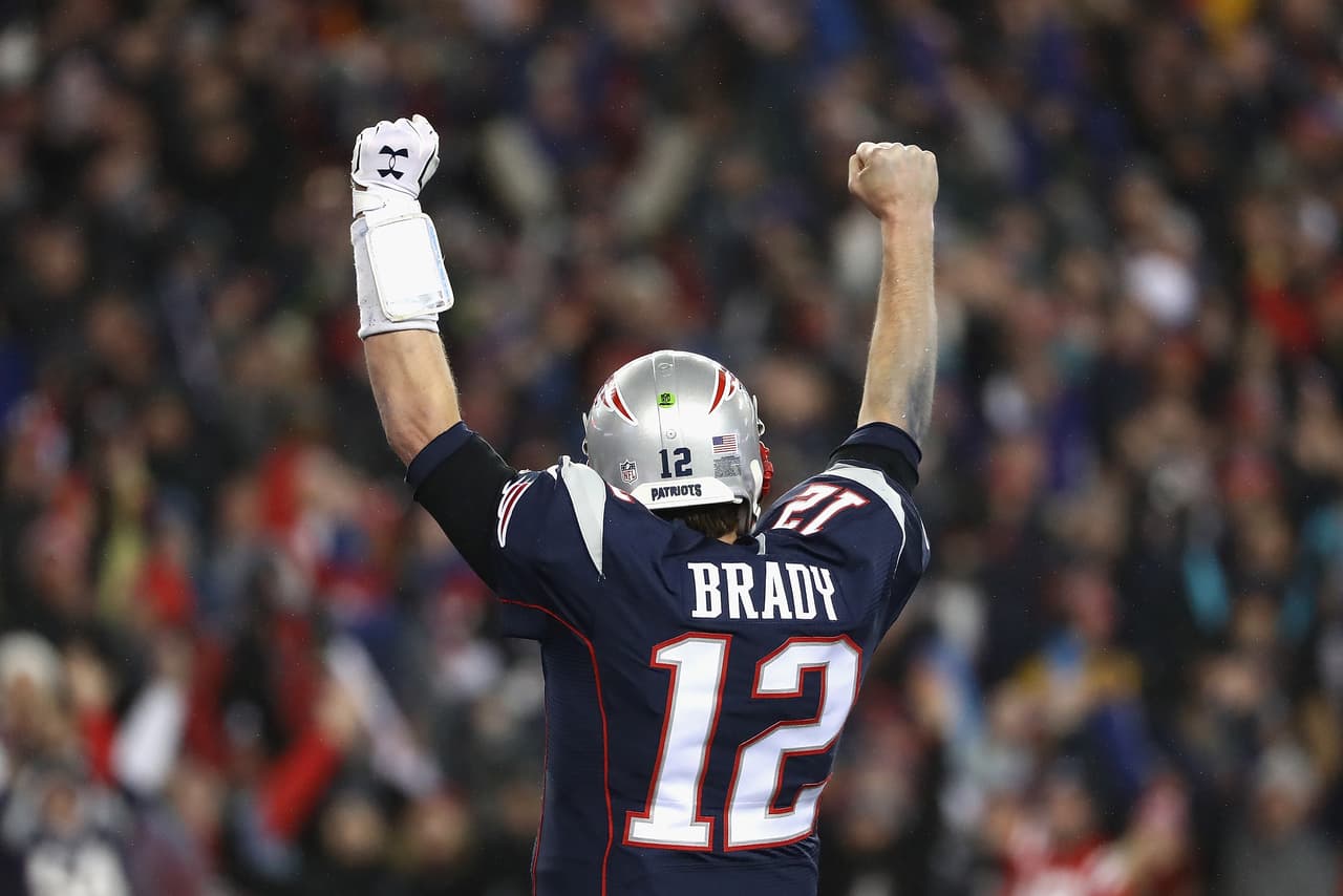 FOXBORO, MA - JANUARY 22: Tom Brady #12 of the New England Patriots reacts during the second half against the Pittsburgh Steelers in the AFC Championship Game at Gillette Stadium on January 22, 2017 in Foxboro, Massachusetts. (Photo by Elsa/Getty Images)