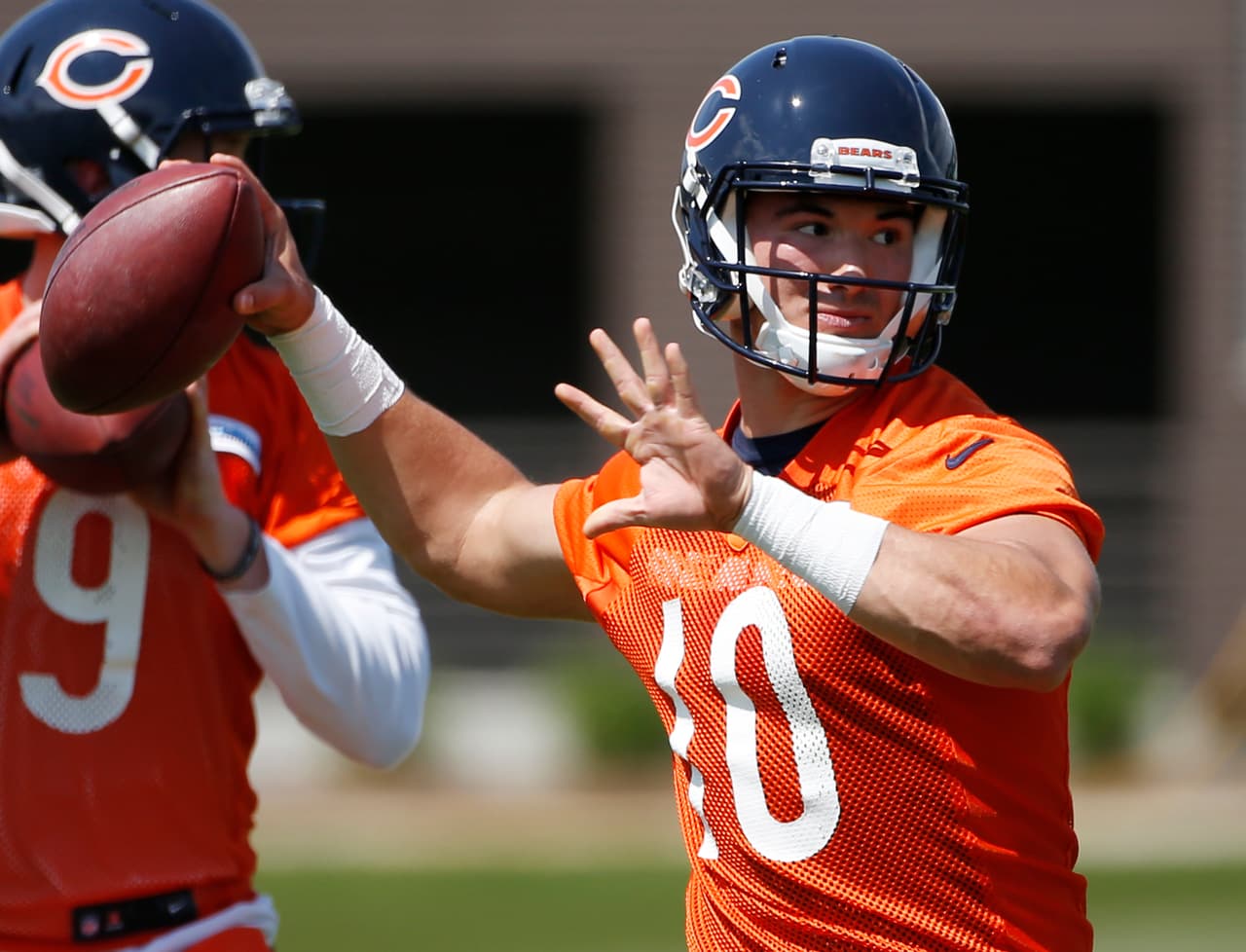 FILE - In this May 12, 2017, file photo, Chicago Bears quarterback Mitchell Trubisky looks to pass during NFL football rookie minicamp in Lake Forest, Ill. The Bears have signed Trubisky, their first-round draft pick and the No. 2 overall selection in April, the team announced Wednesday, April 19, 2017. (AP Photo/Nam Y. Huh, File)