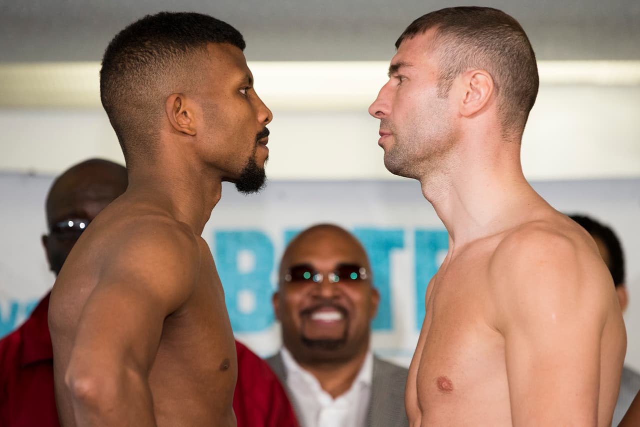 Bodou Jack y Lucian Bute en el cara a cara después del pesaje.
