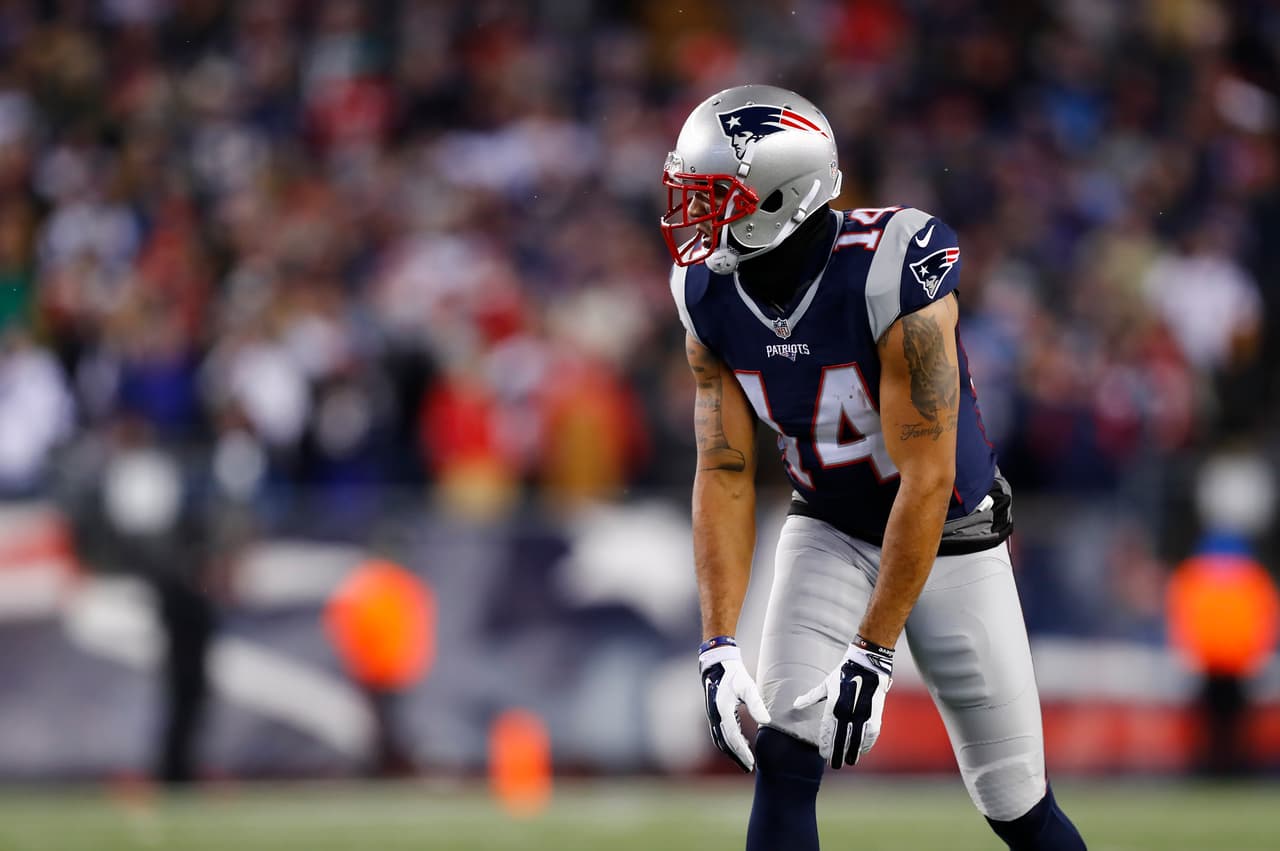 New England Patriots wide receiver Michael Floyd (14) lines up for the snap during the NFL AFC Divisional football game against the Houston Texans on Saturday, Jan. 14, 2017 in Foxborough, Mass. The Patriots defeated the Texans 34-16. (Matt Patterson via AP)