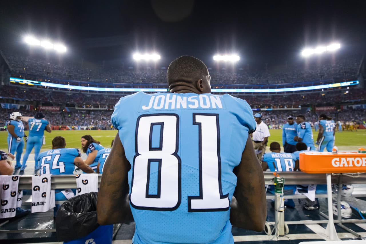 Tennessee Titans wide receiver Andre Johnson (81) during his last game before he retired at the NFL preseason game against the Jacksonville Jaguars on Oct. 27, 2016 in Nashville, Tenn. The Titans won, 36-22. (Ric Tapia via AP)
