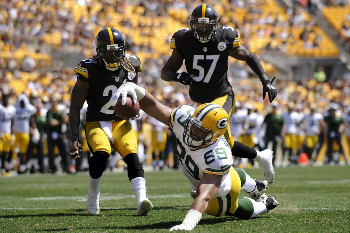 #5. A ESTIRAR EL ESQUELETO: El ala cerrada de los Green Bay Packers, Richard Rodgers (89), se estiró lo más que pudo para llegar a la anotación ante los Pittsburgh Steelers