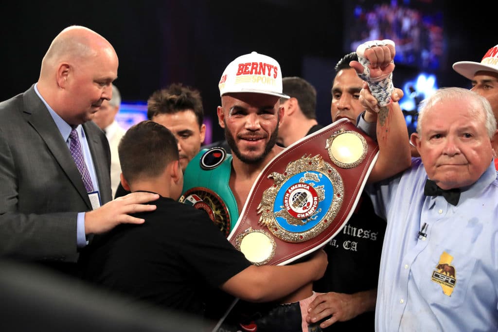LOS ANGELES, CA - AUGUST 05: Raymundo Beltran reacts to defeating Bryan Vasquez of Costa Rica during their NABF /NABO Lightweight title fight at the Microsoft Theater on August 5, 2017 in Los Angeles, California. (Photo by Sean M. Haffey/Getty Images)