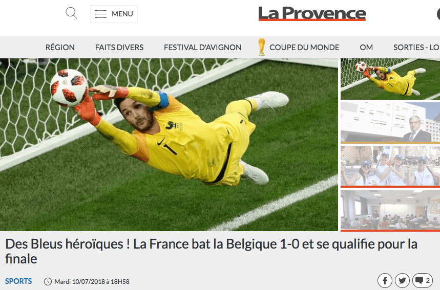El diario francés basado en Marsella, 
<i>La Provence</i>: ¡Los heroicos Bleus! Francia vence 1-0 a Bélgica y se clasifica a la Final.