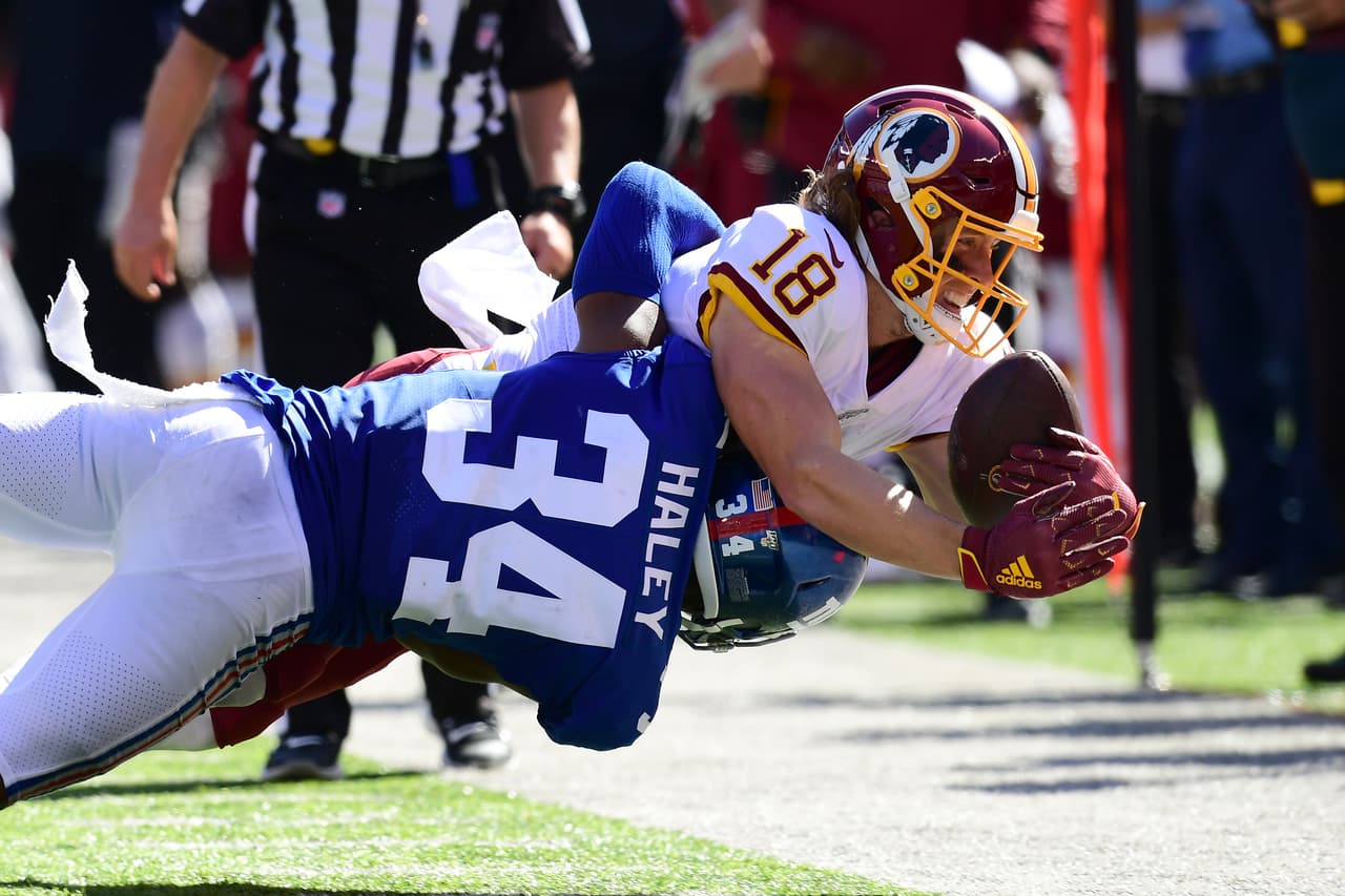Washington Redskins 3-24 New York Giants. Grant Haley no evita el touchdown de Trey Quinn.