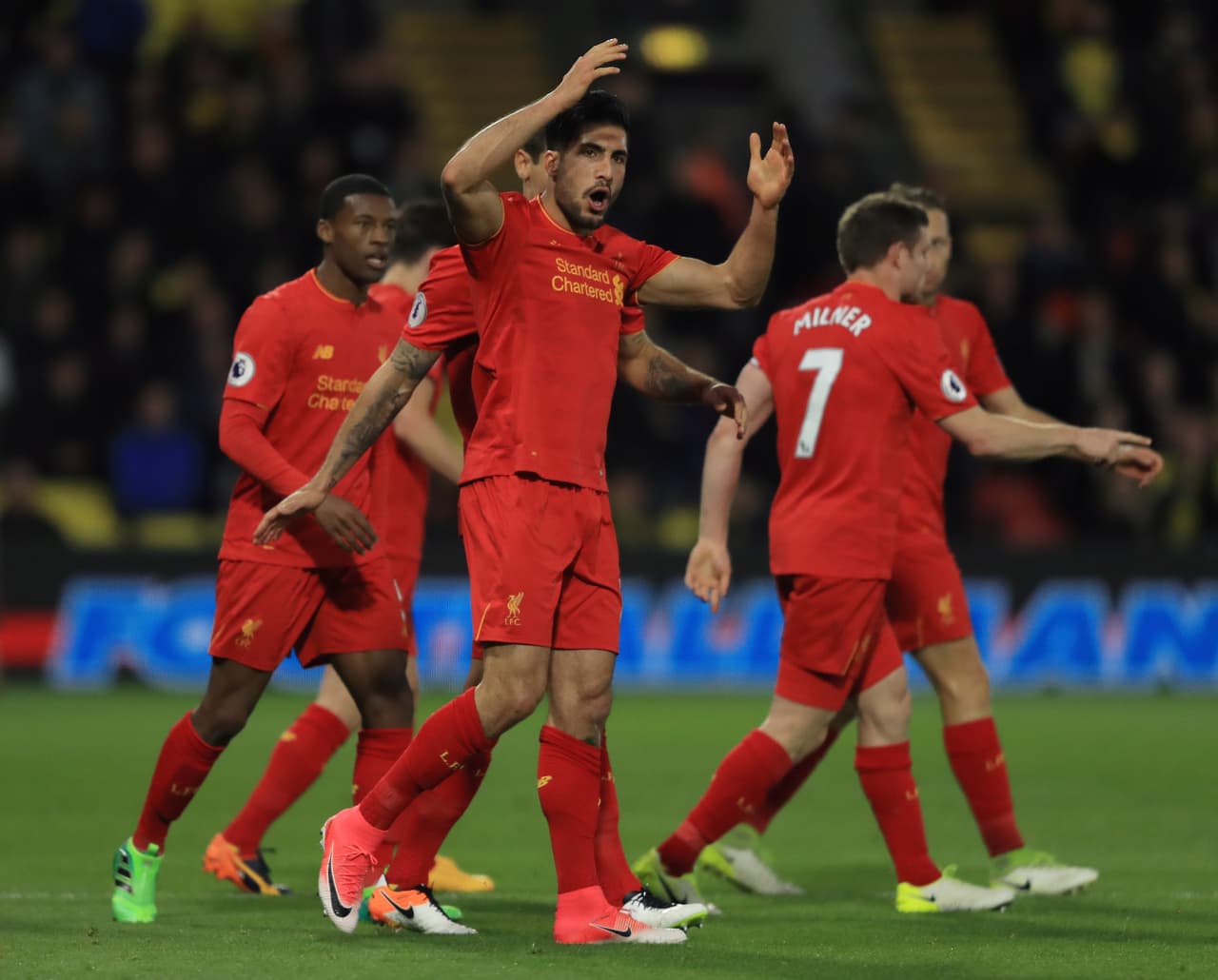 WATFORD, ENGLAND - MAY 01: Emre Can of Liverpool celebrates after scoring the opening goal during the Premier League match between Watford and Liverpool at Vicarage Road on May 1, 2017 in Watford, England. (Photo by Richard Heathcote/Getty Images)