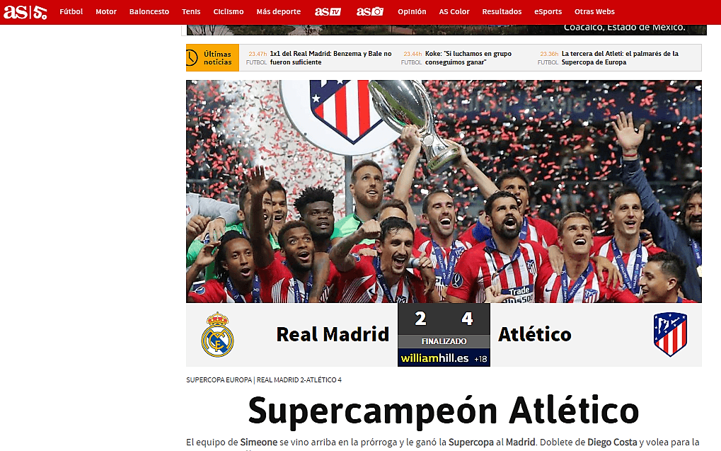 El diario deportivo 
<i>AS</i>, se le rinde al Atlético luego del triunfo por 4-2 ante sus rivales citadinos.
