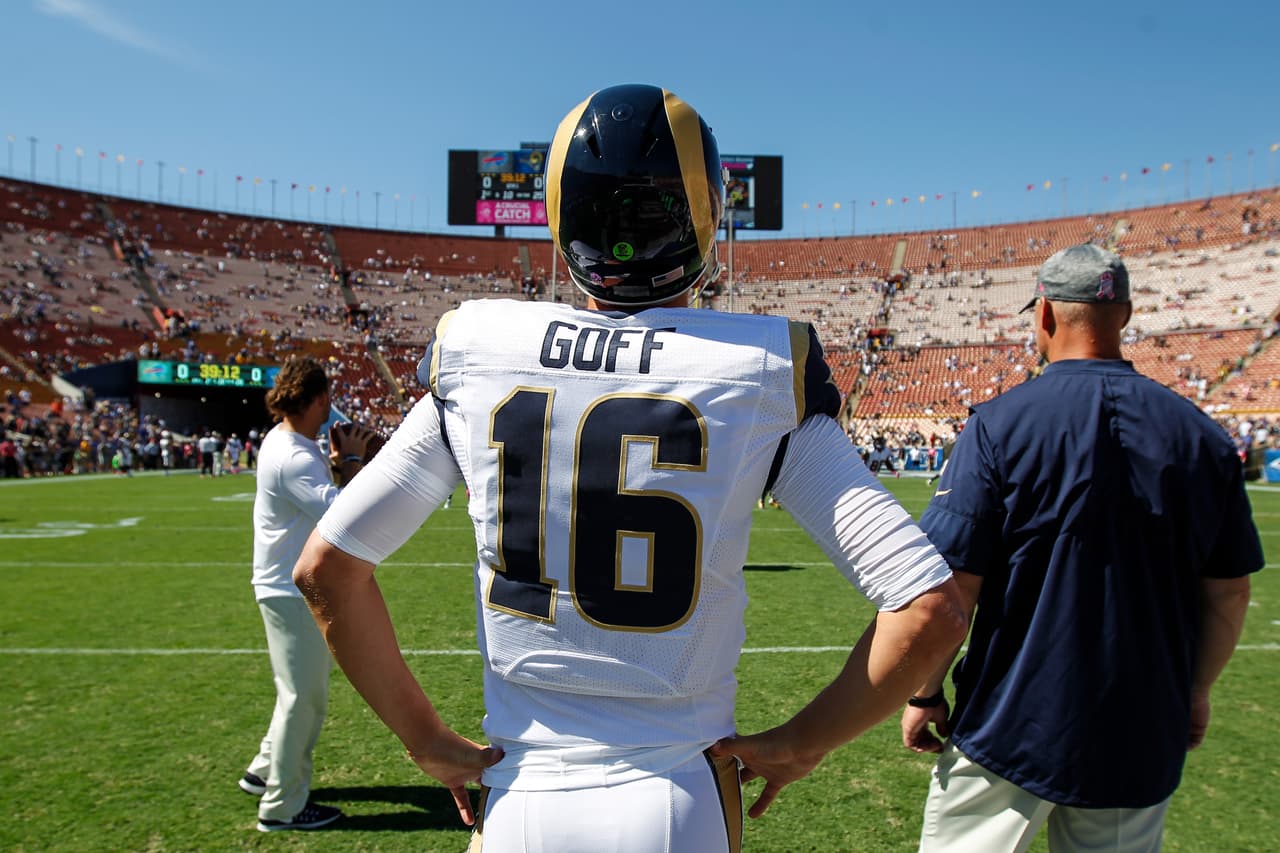 Los Angeles Rams quarterback Jared Goff (16) looks on prior to an NFL football game against the Buffalo Bills at Los Angeles Memorial Coliseum on Sunday, Oct. 9, 2016 in Los Angeles. (Ben Liebenberg via AP)