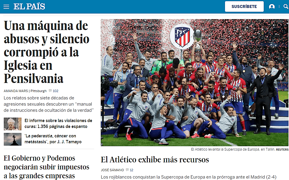 El diario español 
<i>El País</i> consigna como foco gráfico en su web el festejo del Atleti en Tallin, Estonia.