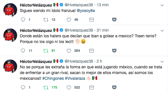 El lanzador de los Medias Rojas de Boston, Héctor Velázquez, muy activo en redes sociales y contento porque el mexicano festejó el triunfo del Tricolor.