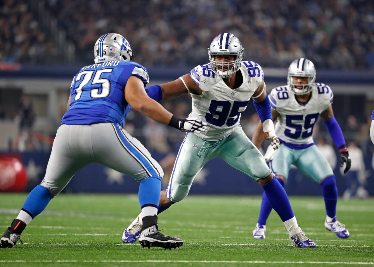 Dallas Cowboys defenive lineman David Irving (95) battles at the line of scrimmage during an NFL game against the Detroit Lions on Monday, Dec. 26, 2016, in Arlington, Texas. The Cowboys won the game, 42-21. (Greg Trott via AP)
