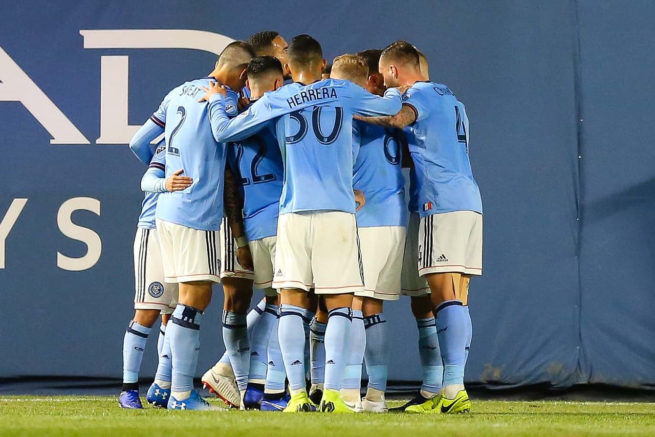 Oct 31, 2018; Bronx, NY, USA; New York City forward David Villa (7) celebrates after his goal against the Philadelphia Union with teammates during the first half at Yankee Stadium. Mandatory Credit: Vincent Carchietta-USA TODAY Sports