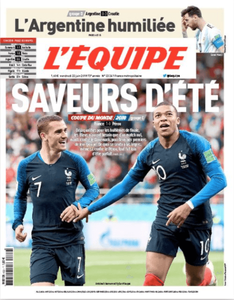 El diario deportivo francés
<i>L'Equipe</i> le dedica el cintillo a Argentina con la foto de Lionel Messi y la leyenda "La Argentina humillada".