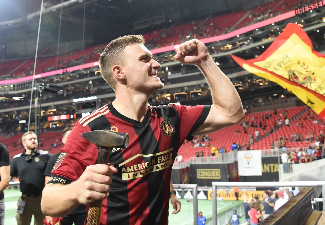 Sep 22, 2018; Atlanta, GA, USA; An Atlanta United defender Julian Gressel (24) reacts to the crowd after being named man of the match after defeating Real Salt Lake at Mercedes-Benz Stadium. Mandatory Credit: Adam Hagy-USA TODAY Sports