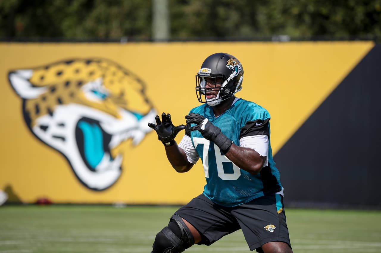 Jacksonville Jaguars offensive tackle Branden Albert (76) works out during training camp, Friday, July. 28th, 2017 in Jacksonville, Fla. (Logan Bowles via AP Images)