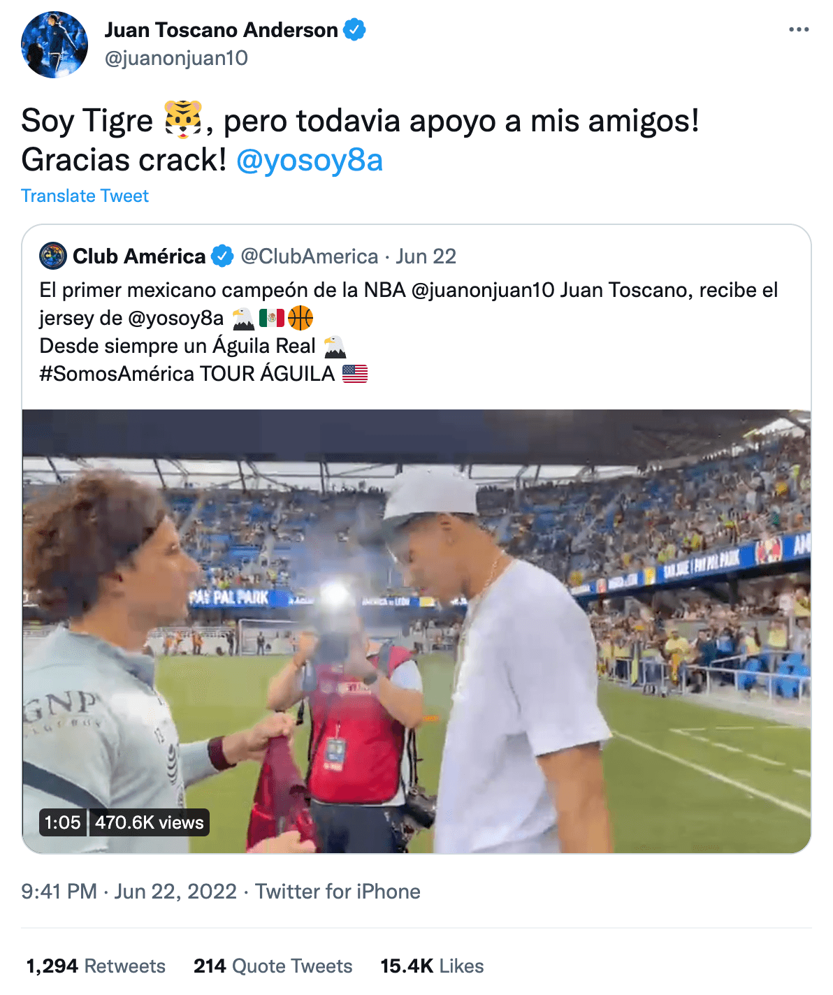 Y aunque muchos aficionados que comparten su afición por el futbol mexicano y la NBA pensaron que JTA era un seguidor más del Club América, el basquetbolista dejó claro en Twitter que su corazón le pertenece a los Tigres de la UANL.