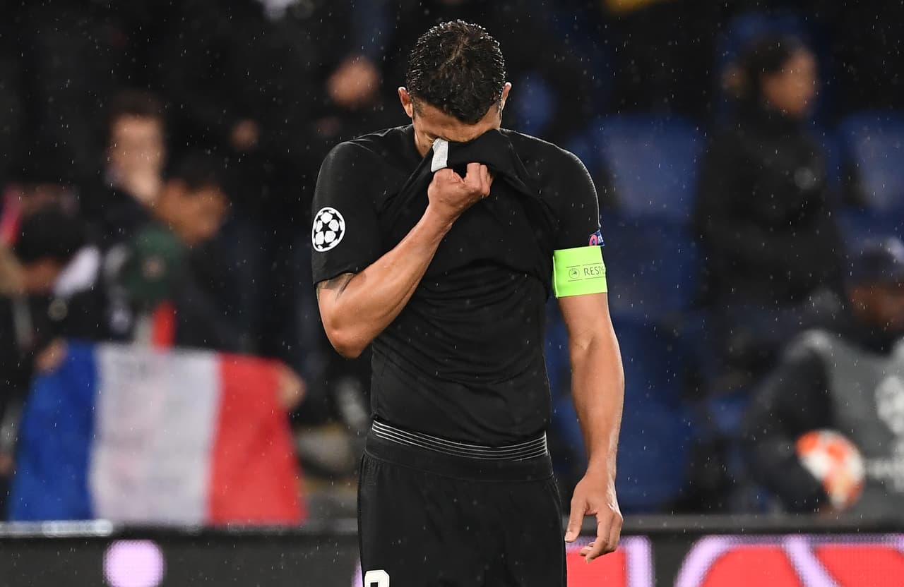 Paris Saint-Germain's Brazilian defender Thiago Silva reacts at the end of the UEFA Champions League round of 16 second-leg football versus Manchester United at the Parc des Princes stadium in Paris on March 6, 2019.