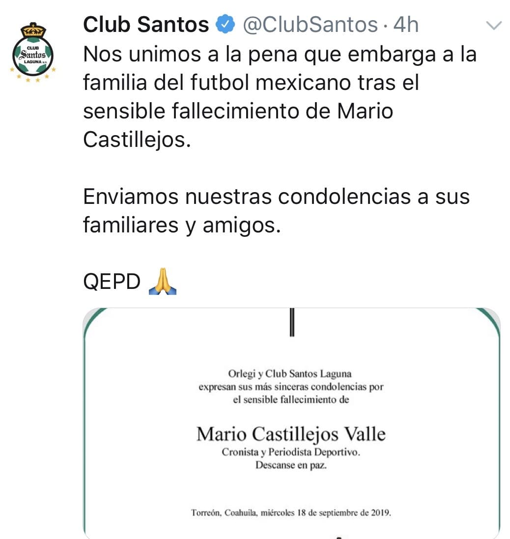 Los clubes de la Liga MX, se unieron para darle el pésame a la familia de Mario Castillejos, quién falleció este miércoles 18 de septiembre.