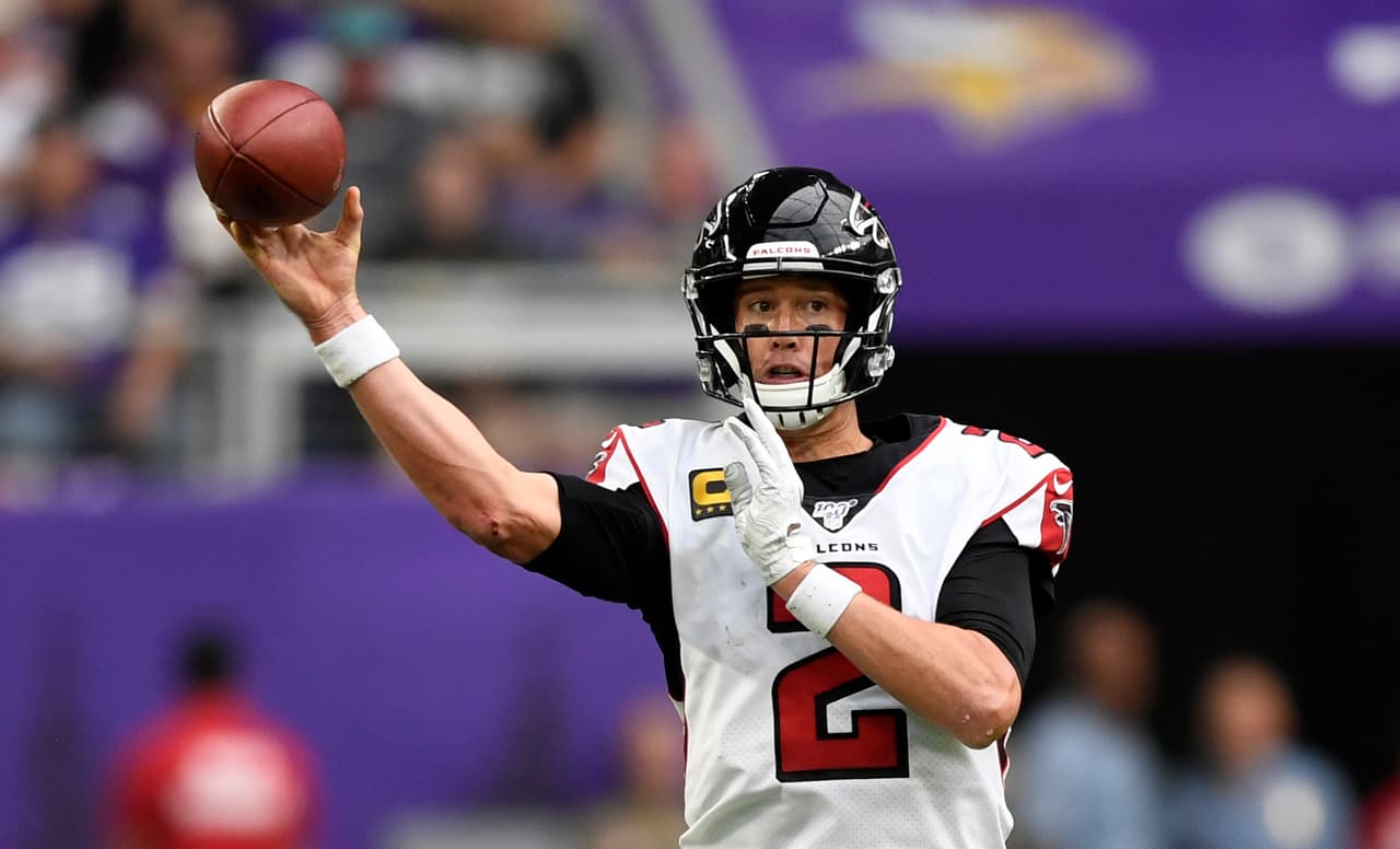 MINNEAPOLIS, MINNESOTA - SEPTEMBER 08: Quarterback Matt Ryan #2 of the Atlanta Falcons throws a pass against the Minnesota Vikings in the game at U.S. Bank Stadium on September 08, 2019 in Minneapolis, Minnesota. (Photo by Hannah Foslien/Getty Images)