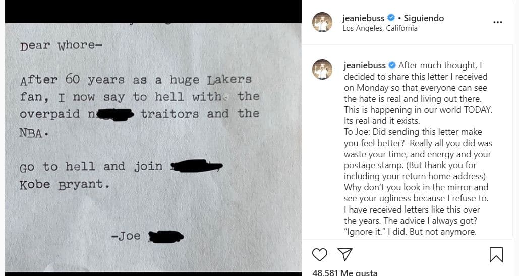 Jeanie Buss, dueña de los Lakers revela carta de odio y racismo contra Kobe Bryant