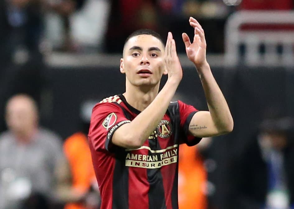 Dec 8, 2018; Atlanta, GA, USA; Atlanta United midfielder Miguel Almiron (10) applauds the fans as he comes out of the game during the second half against the Portland Timbers in the 2018 MLS Cup championship game at Mercedes-Benz Stadium. Mandatory Credit: Brett Davis-USA TODAY Sports