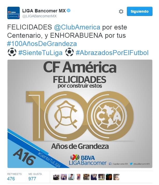 América cumple 100 años de existencia, por lo que diferentes equipos y personajes del medio futbolístico felicitaron a la institución. 
<br>xx.faceq1؇��