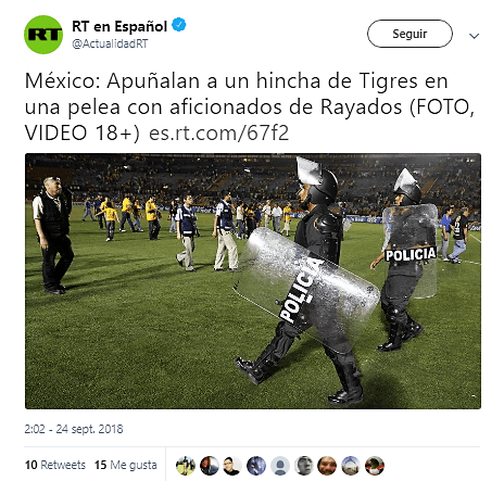 La cadena 
<i>Russia Today</i> (RT) en Español también consignó lo sucedido a unos kilómetros del Estadio Universitario en Monterrey, Nuevo León.