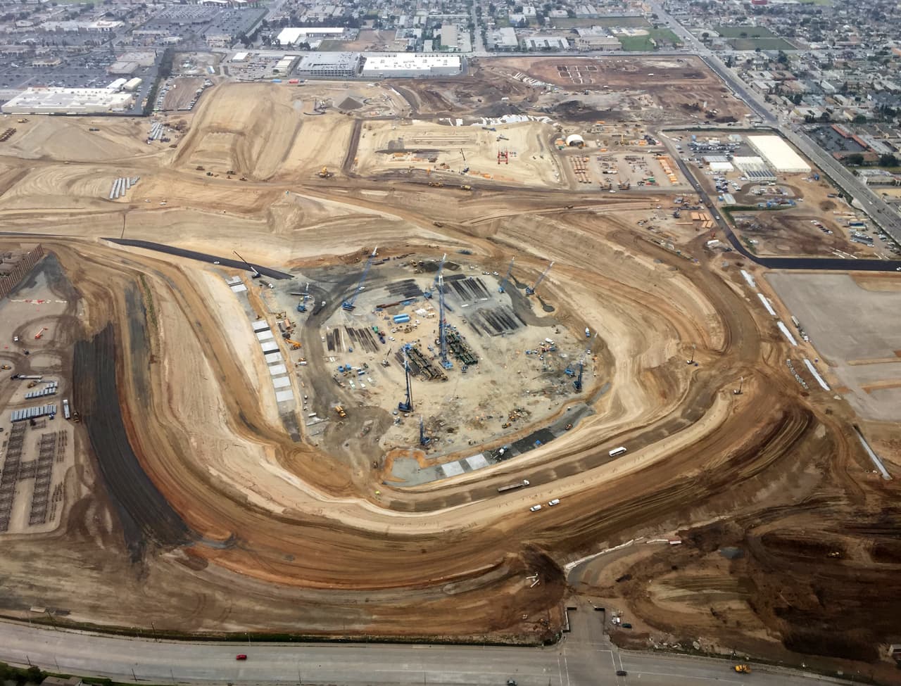 General overall aerial view of L.A. Stadium and Entertainment District at Hollywood Park under construction, Monday, April 3, 2017 in Inglewood, Calif. The venue, privately financed by Los Angeles Rams owner Stan Kroenke, is scheduled to open in 2019. It will be the home to the Rams and the Los Angeles Chargers and will play host to Super Bowl LV in 2021. (NFL Contributor via AP Images)