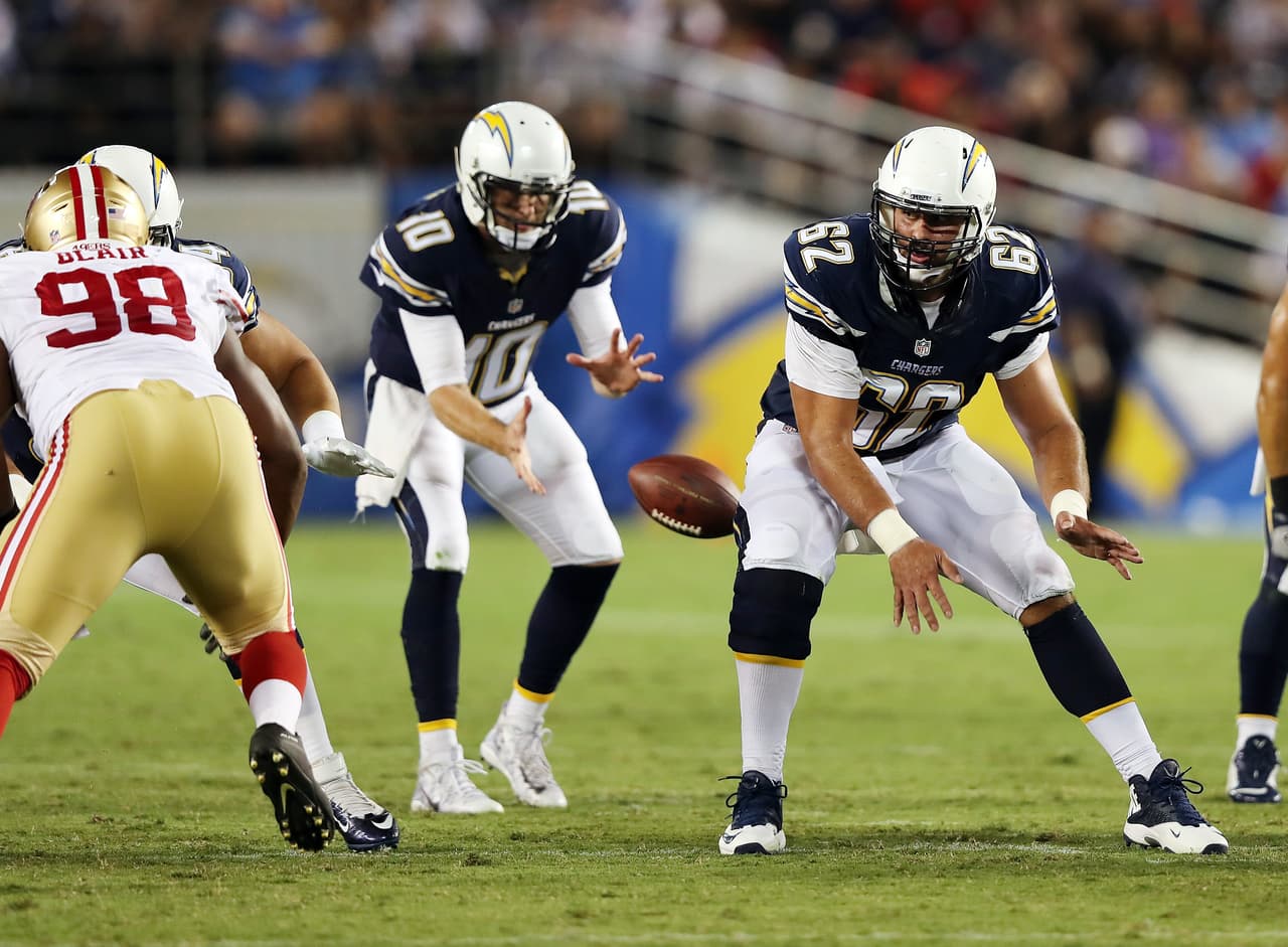 San Diego Chargers center Max Tuerk (62) blocks at the line of scrimmage during the 2016 NFL preseason football game against the San Francisco 49ers on Thursday, Sept. 1, 2016 in San Diego. The 49ers won the game 31-21. (Paul Spinelli via AP)
