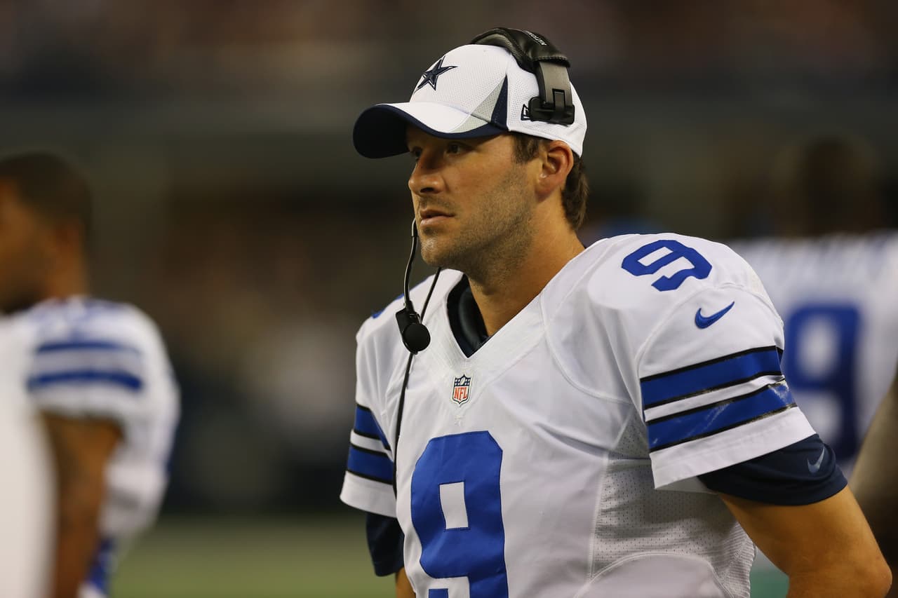 ARLINGTON, TX - AUGUST 29: Tony Romo #9 of the Dallas Cowboys during a preseason game at AT&T Stadium on August 29, 2013 in Arlington, Texas. (Photo by Ronald Martinez/Getty Images)
