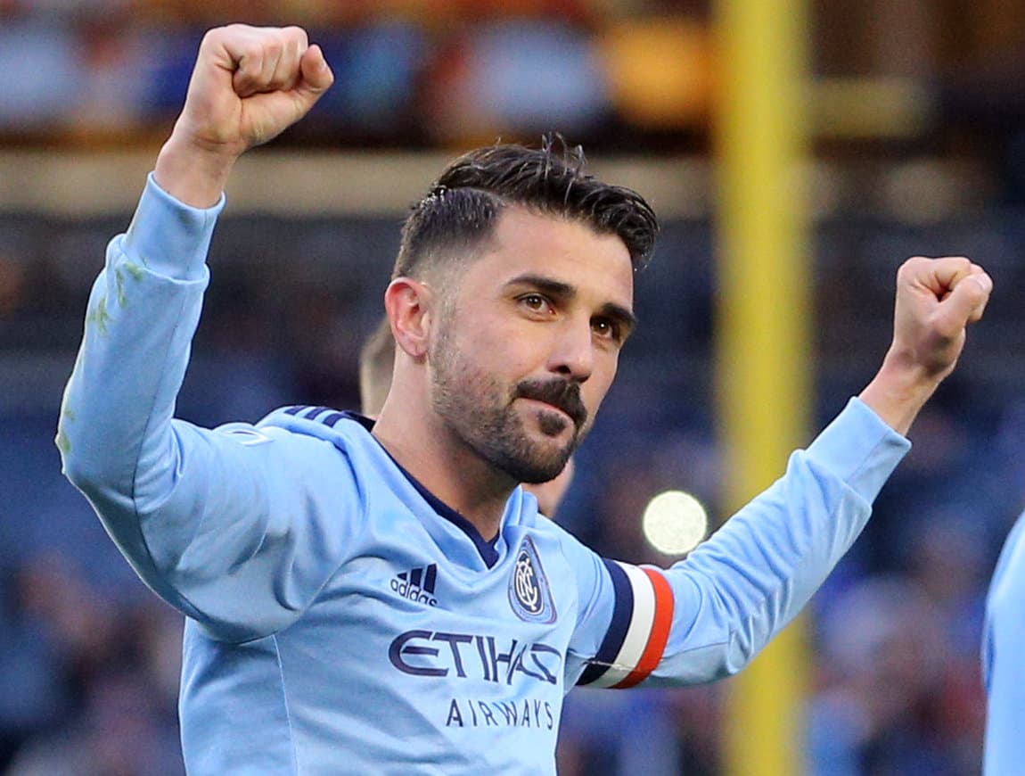 Apr 29, 2018; New York, NY, USA; New York City FC forward David Villa (7) reacts after scoring on a penalty kick against FC Dallas during the first half at Yankee Stadium. The goal was the 400th of his professional career. Mandatory Credit: Brad Penner-USA TODAY Sports