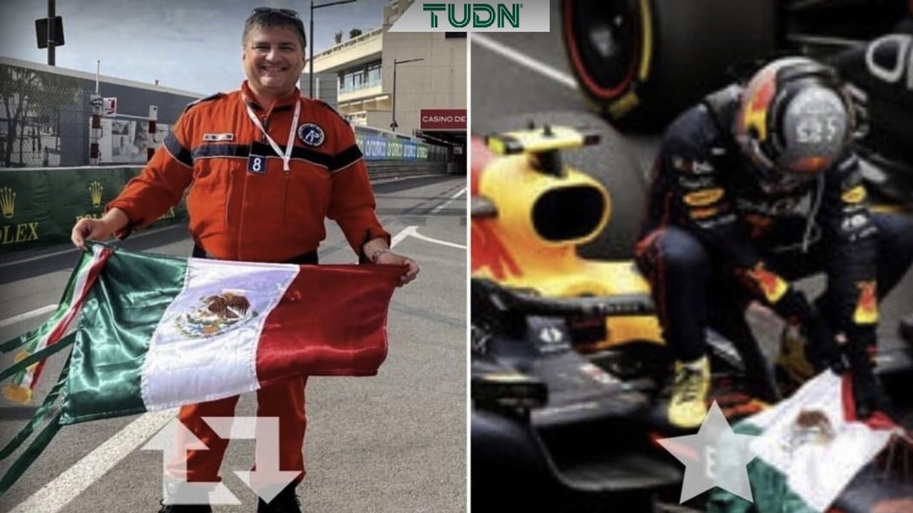 Oficial de pista de F1 da bandera mexicana a Checo Pérez para celebrar