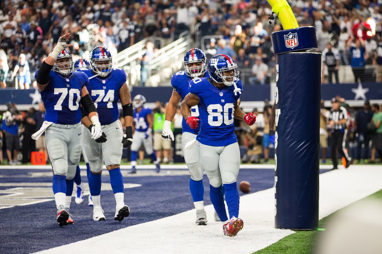 New York Giants wide receiver Victor Cruz (80) celebrates his late fourth quarter touchdown reception during the week 1 meeting between the New York Giants and the Dallas Cowboys on Sunday, September 11, 2016 in Arlington. The Giants beat the Cowboys 20-19. (Todd Rosenberg via AP)