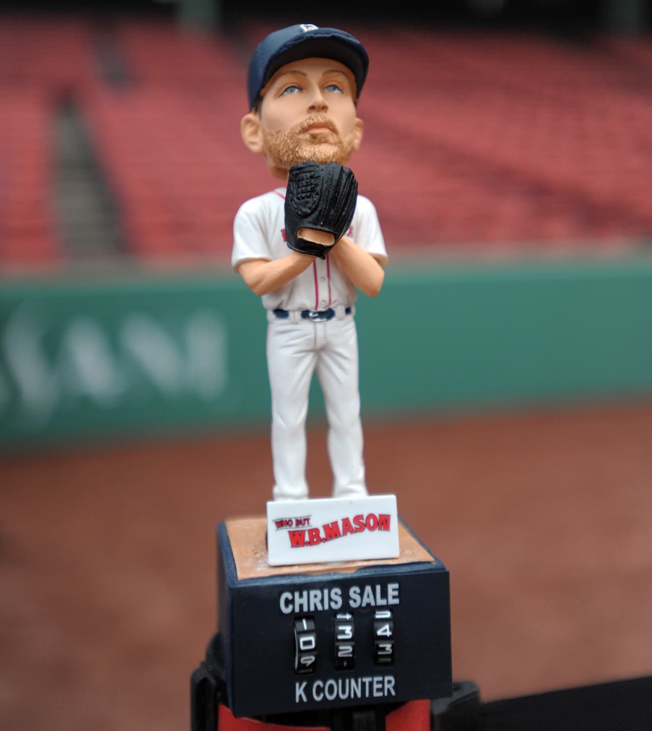 Apr 13, 2018; Boston, MA, USA; A Boston Red Sox pitcher Chris Sale bobble head doll rests on a barrier prior to a game between the Boston Red Sox and Baltimore Orioles at Fenway Park. Mandatory Credit: Bob DeChiara-USA TODAY Sports