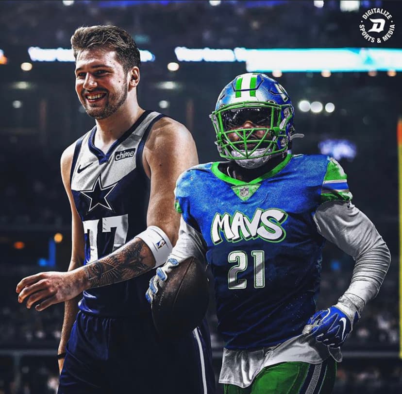Luka Doncic #71 en el uniforme de Dallas Cowboys y Ezekiel Elliott #21 por Dallas Mavericks.