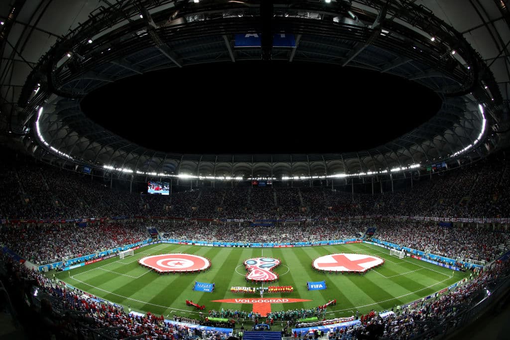 Pletórico lució Volgograd Arena, uno de los recintos edificados para la Copa Mundial Rusia 2018. Aquí levantando el telón para albergar el Inglaterra vs Túnez por el Grupo G.