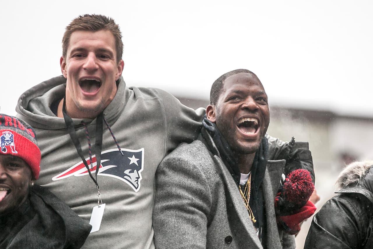 BOSTON, MA - FEBRUARY 07: Rob Gronkowski and Martellus Bennett of the New England Patriots celebrate during the Super Bowl victory parade on February 7, 2017 in Boston, Massachusetts. The Patriots defeated the Atlanta Falcons 34-28 in overtime in Super Bowl 51. (Photo by Billie Weiss/Getty Images)