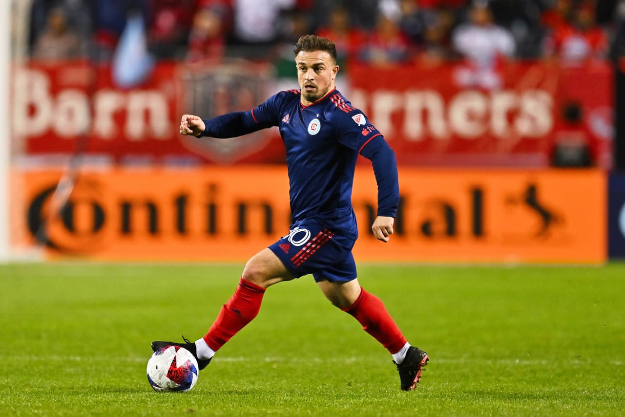 May 20, 2023; Chicago, Illinois, USA; Chicago Fire FC midfielder Xherdan Shaqiri (10) controls the ball against the Atlanta United FC at Soldier Field. Mandatory Credit: Jamie Sabau-USA TODAY Sports