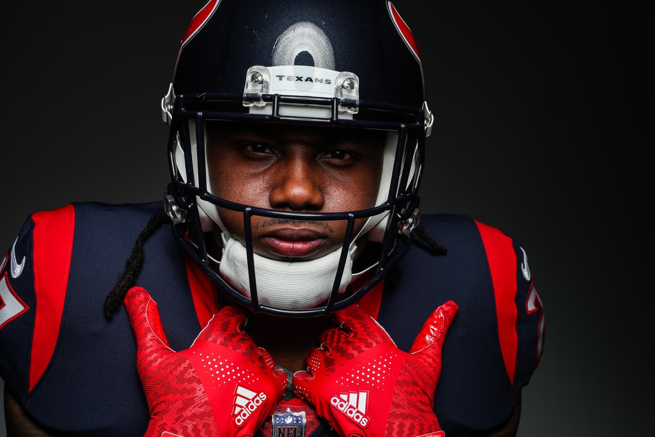 Houston Texans running back D'Onta Foreman poses for a portrait during the NFLPA Rookie Premiere on Saturday, May 20, 2017 in Los Angeles. (Ben Liebenberg via AP)