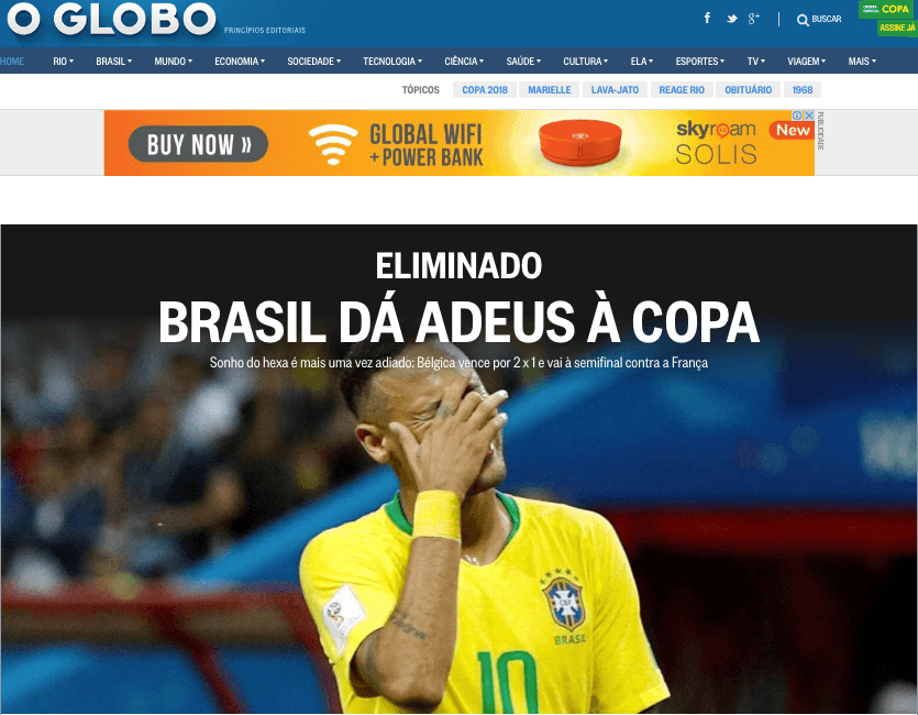 El diario brasileño 
<i>O Globo</i>: Eliminado, Brasil dice adiós a la Copa".