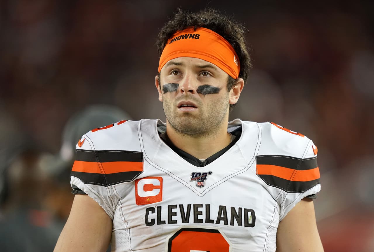 SANTA CLARA, CALIFORNIA - OCTOBER 07: Baker Mayfield #6 of the Cleveland Browns looks on from the sidelines against the San Francisco 49ers during the third quarter of an NFL football game at Levi's Stadium on October 07, 2019 in Santa Clara, California. (Photo by Thearon W. Henderson/Getty Images)