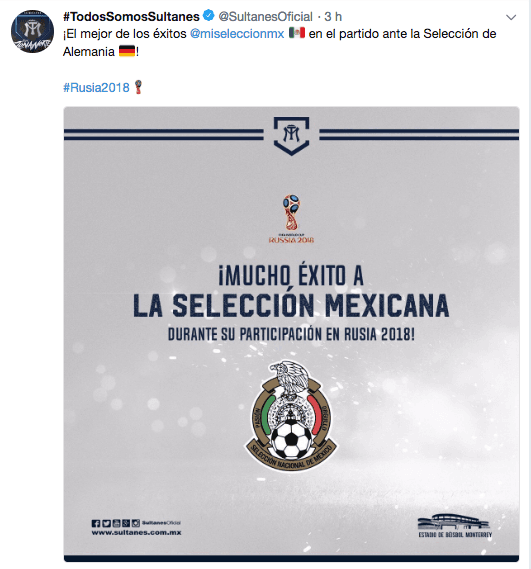 El equipo finalista por la Zona Norte en la LMB, los Sultanes de Monterrey no se quedaron atrás en el aliento hacia el Tricolor.