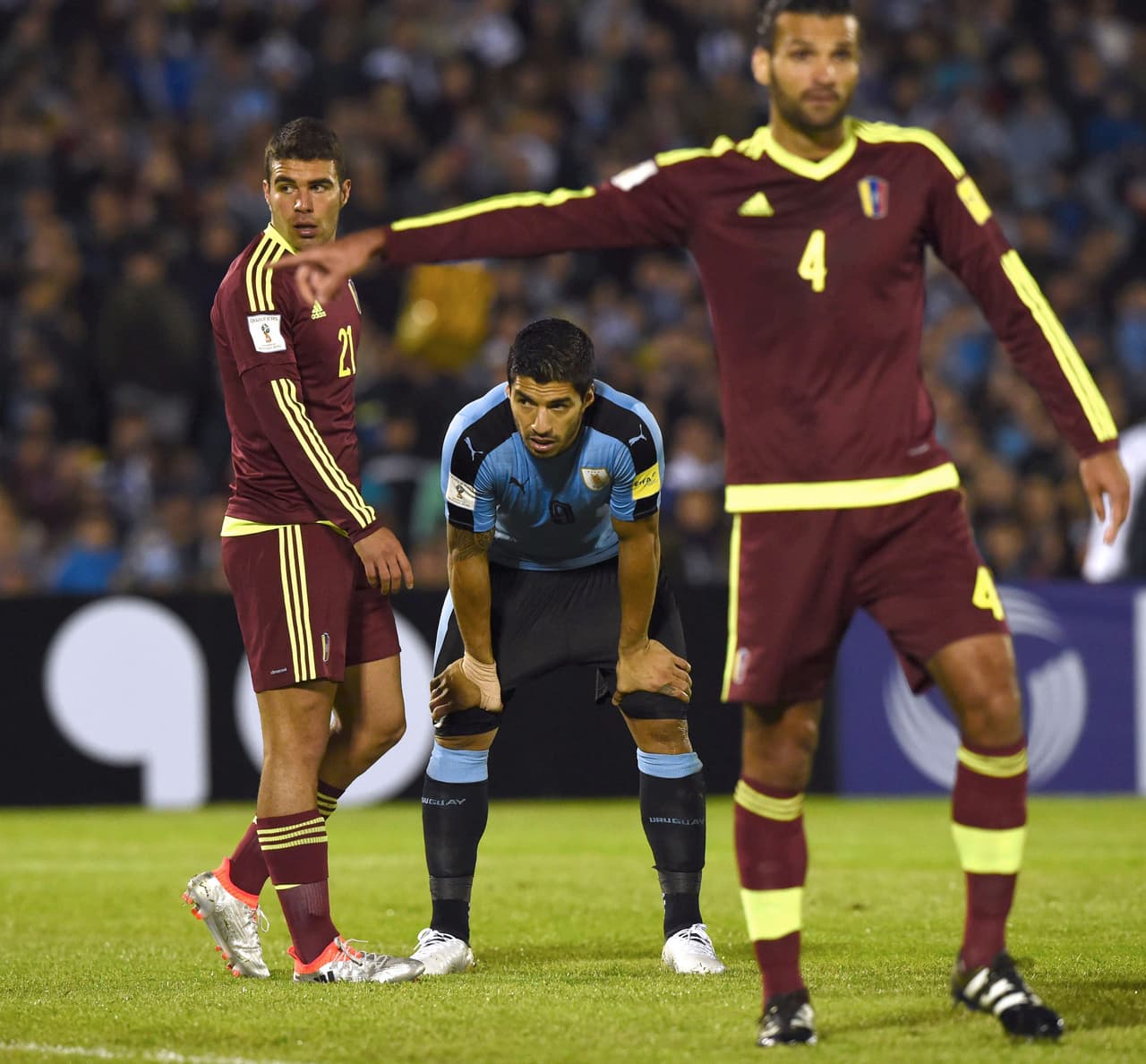 Uruguay's Luis Suarez (C) gestures during the Russia 2018 World Cup qualifier football match against Venezuela in Montevideo, on October 6, 2016. / AFP / Pablo PORCIUNCULA (Photo credit should read PABLO PORCIUNCULA/AFP/Getty Images)