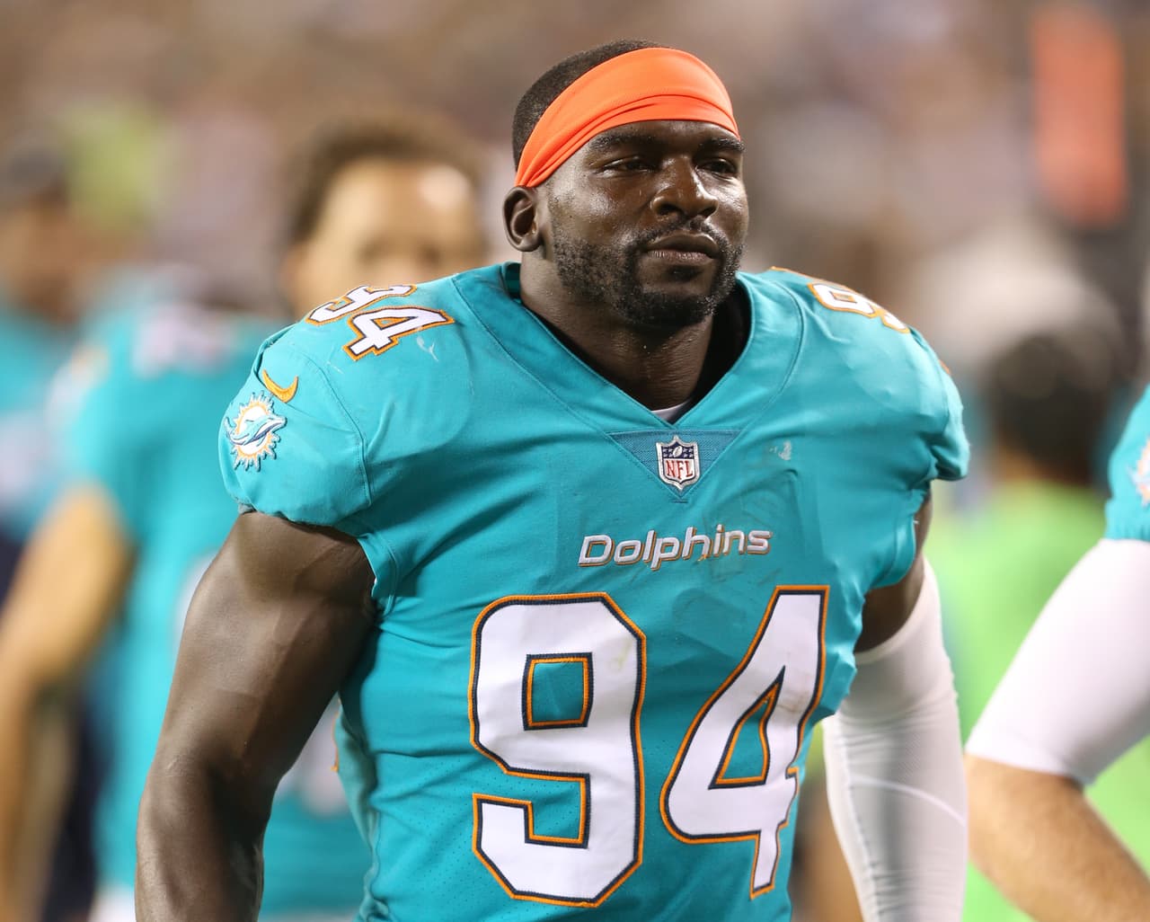 Miami Dolphins linebacker Lawrence Timmons (94) looks up from the sideline with his helmet off during a NFL football game against the Philadelphia Eagles, Thursday, August 24, 2017 in Philadelphia. The Eagles won the game 38-31. (Paul Jasienski via AP)