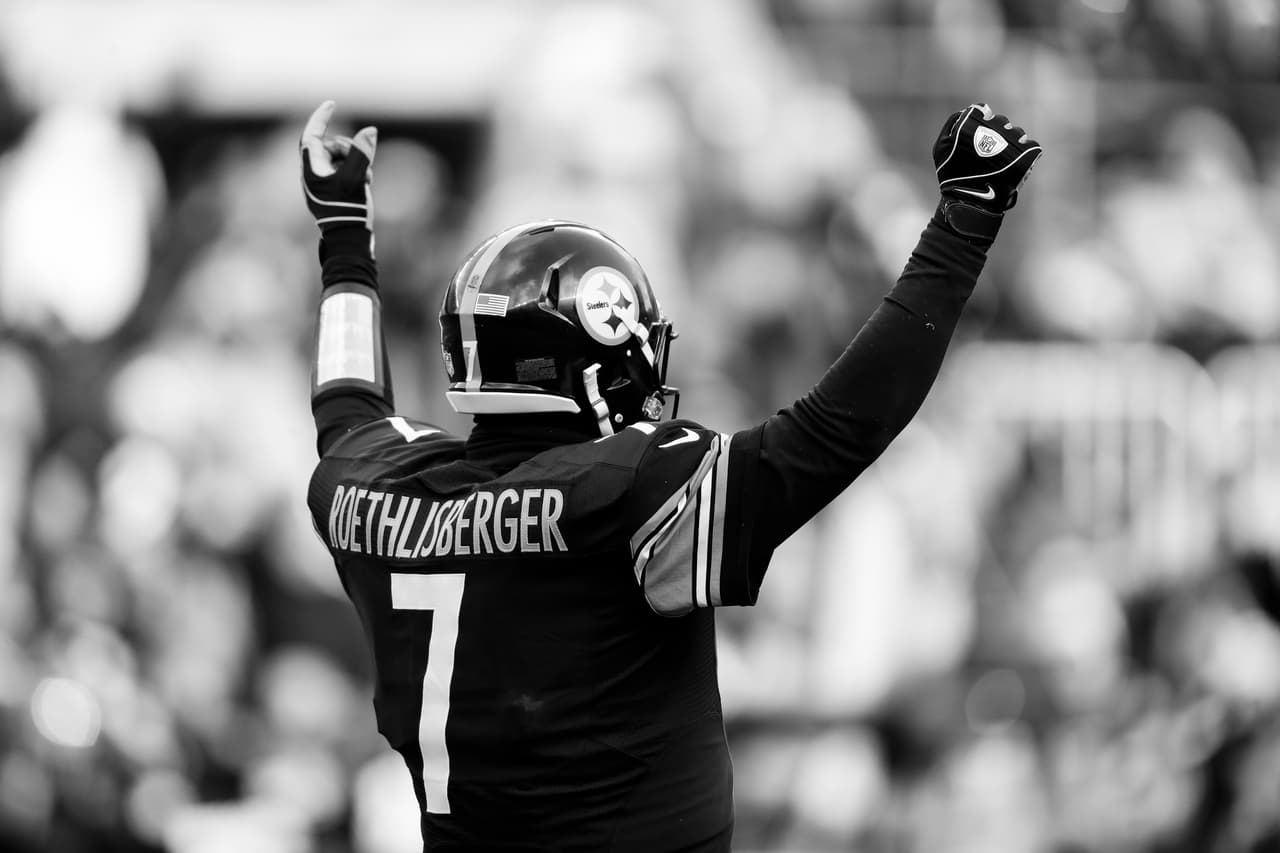 (Editors note: Image has been converted to Black and White) Pittsburgh Steelers quarterback Ben Roethlisberger (7) celebrates during an NFL AFC wild card playoff football game against the Miami Dolphins on Sunday, Jan. 8, 2017, in Pittsburgh. Pittsburgh won 30-12. (Aaron M. Sprecher via AP)